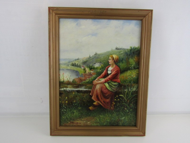Schilderij op Paneel, Vrouw in Bloemenrijk Landschap, G. Vanderbutke