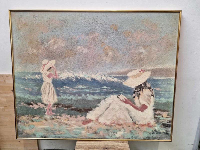 Groot schilderij van 2 dames op het strand: Lee Reynolds