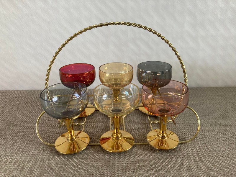 Vintage metalen rekje met 6 gekleurde glaasjes: Arlecchino Collectie