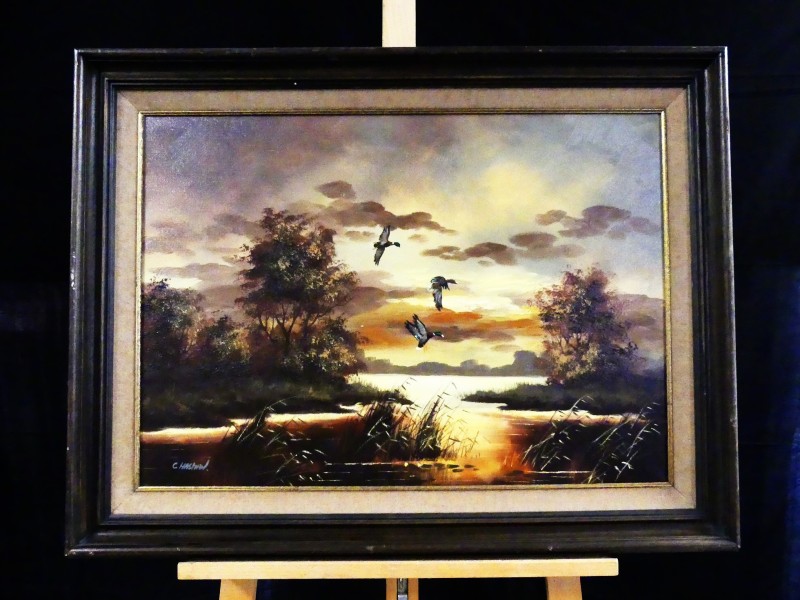 Olieverfschilderij Landschap met vliegende eenden - gesigneerd C.Hasman