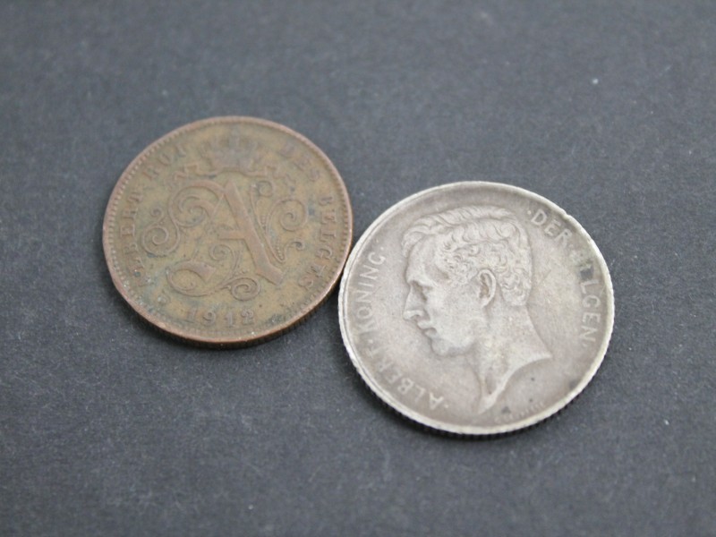 2 Belgische munten Koning Albert I - 1912