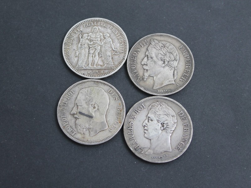 4 Oude Franse en Belgische 5 Frank munten - 19e eeuw