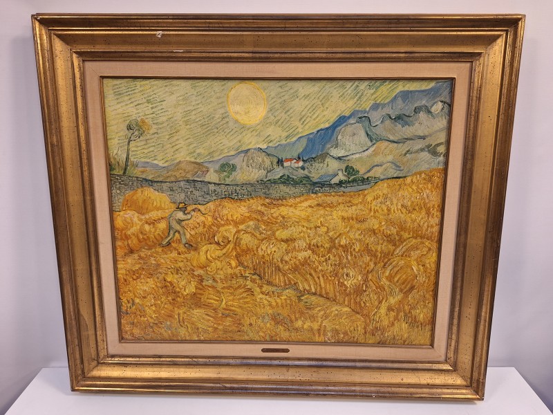 Hoogwaardige reproductie van een korenveld met maaier door Van Gogh