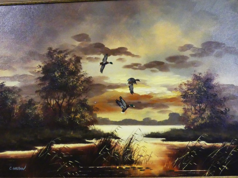 Olieverfschilderij Landschap met vliegende eenden - gesigneerd C.Hasman