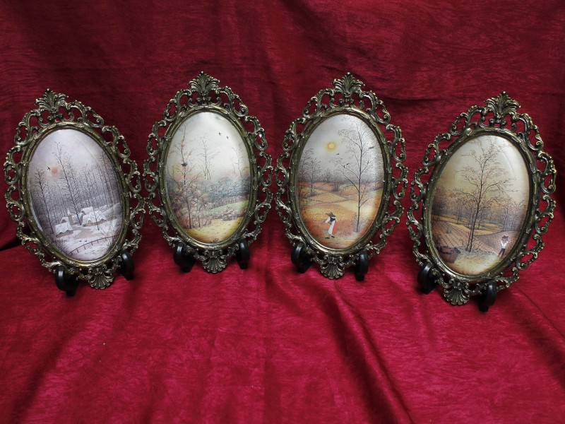 Vijf brocante schilderijtjes met prentjes in ovalen messing frame (Art. 800 C)