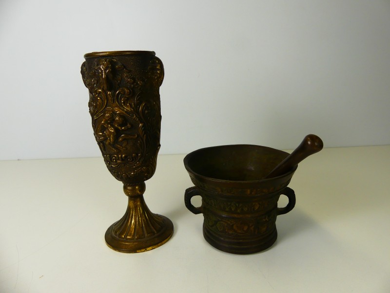 Vintage bronzen vijzel + beker