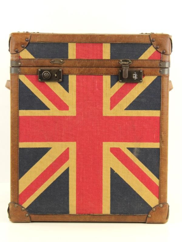 Union Jack, knap beklede, vintage opbergkist met lederen verstevigingen