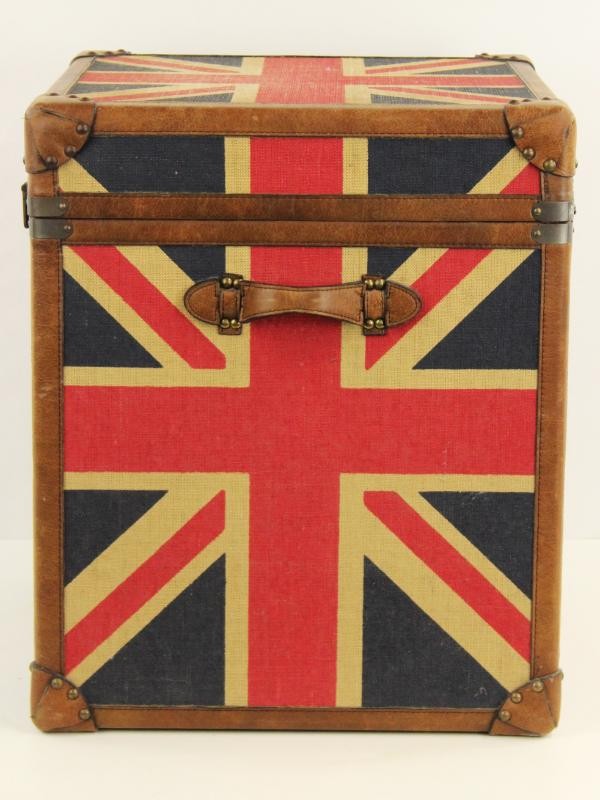 Union Jack, knap beklede, vintage opbergkist met lederen verstevigingen