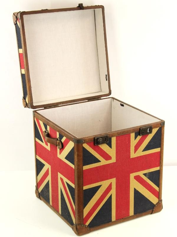 Union Jack, knap beklede, vintage opbergkist met lederen verstevigingen