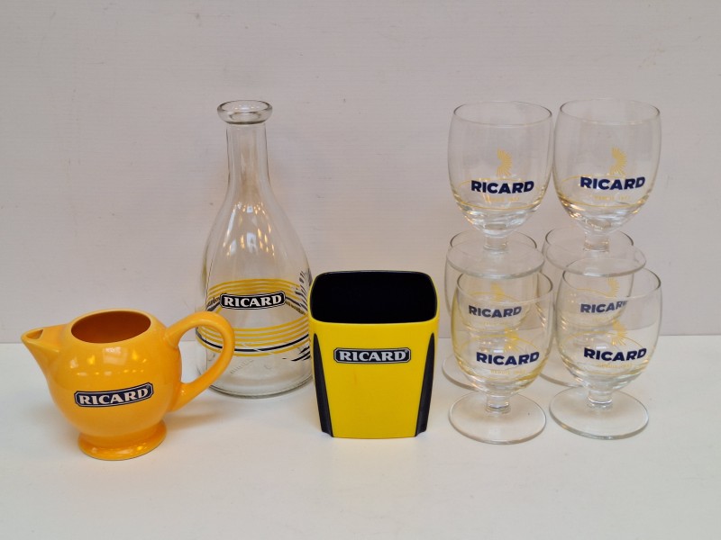 Ricard set met 6 glazen, ijsblokemmertje, 2 waterkannetjes