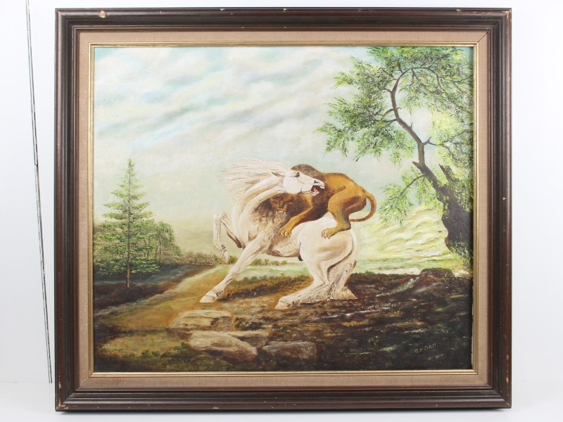 Schilderij op doek - Paard aangevallen door Leeuw - 1979 AV Dam