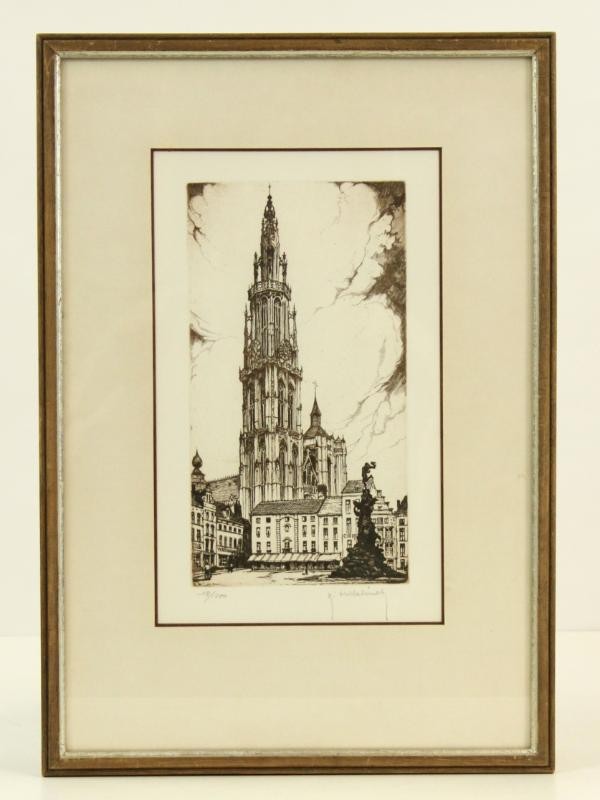 Ets en litho: Kathedraal Antwerpen - Roger Hebbelinck (1912-1987)