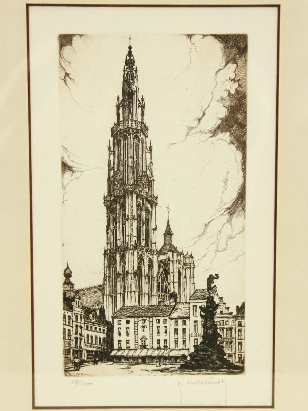 Ets en litho: Kathedraal Antwerpen - Roger Hebbelinck (1912-1987)