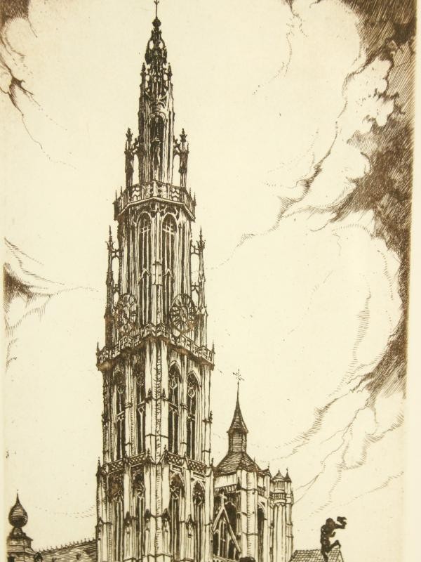 Ets en litho: Kathedraal Antwerpen - Roger Hebbelinck (1912-1987)