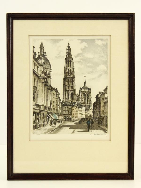 Ets en litho: Kathedraal Antwerpen - Roger Hebbelinck (1912-1987)