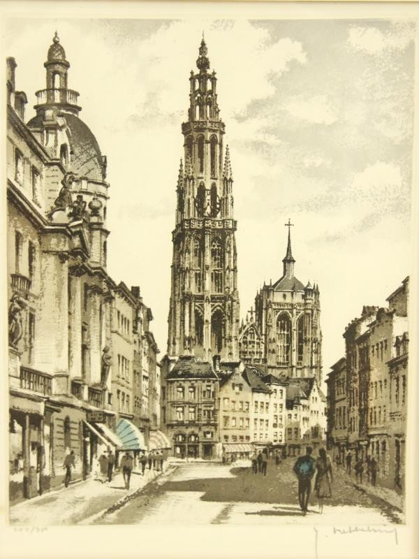 Ets en litho: Kathedraal Antwerpen - Roger Hebbelinck (1912-1987)