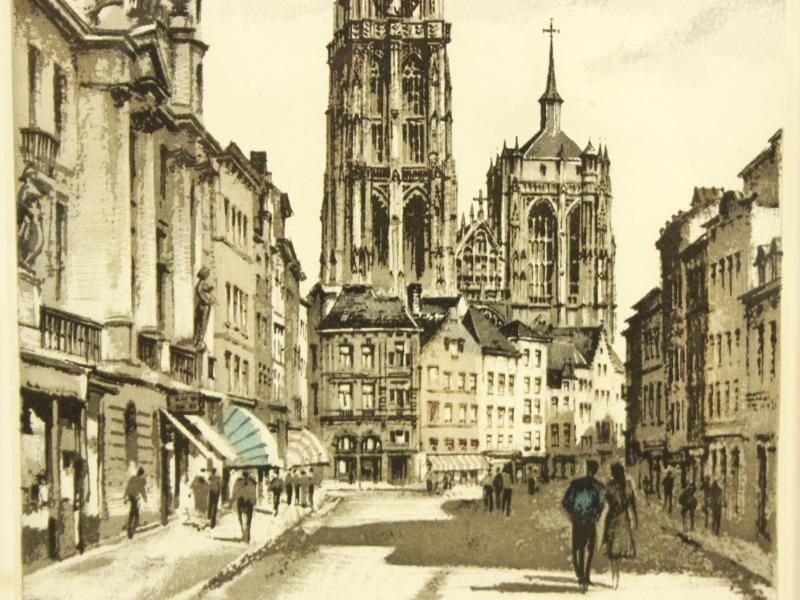 Ets en litho: Kathedraal Antwerpen - Roger Hebbelinck (1912-1987)