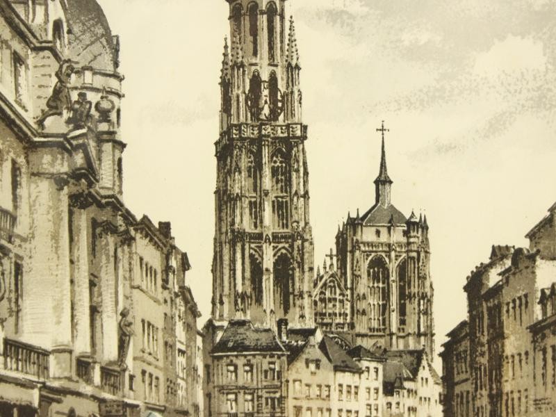 Ets en litho: Kathedraal Antwerpen - Roger Hebbelinck (1912-1987)