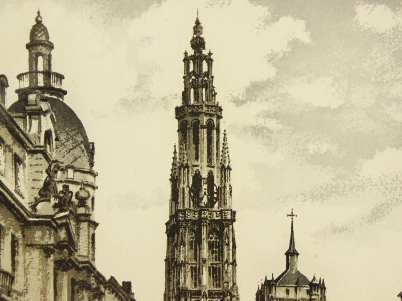 Ets en litho: Kathedraal Antwerpen - Roger Hebbelinck (1912-1987)