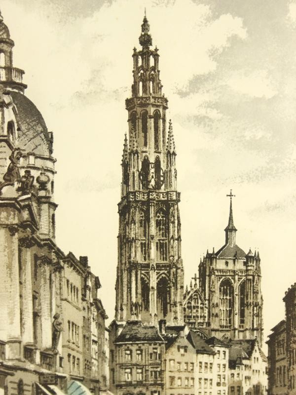 Ets en litho: Kathedraal Antwerpen - Roger Hebbelinck (1912-1987)