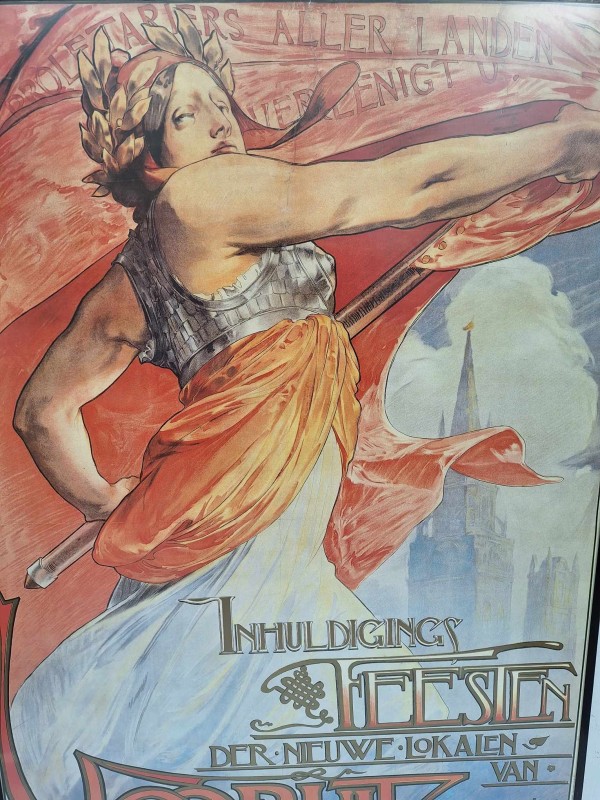 Ingekaderde poster van de inhuldigingsfeesten van de Vooruit in Gent in Art Nouveau stijl