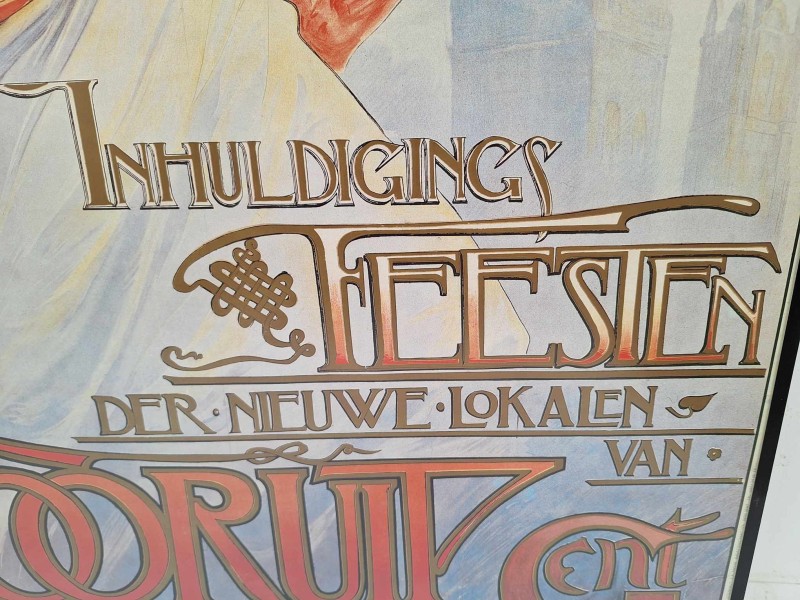 Ingekaderde poster van de inhuldigingsfeesten van de Vooruit in Gent in Art Nouveau stijl