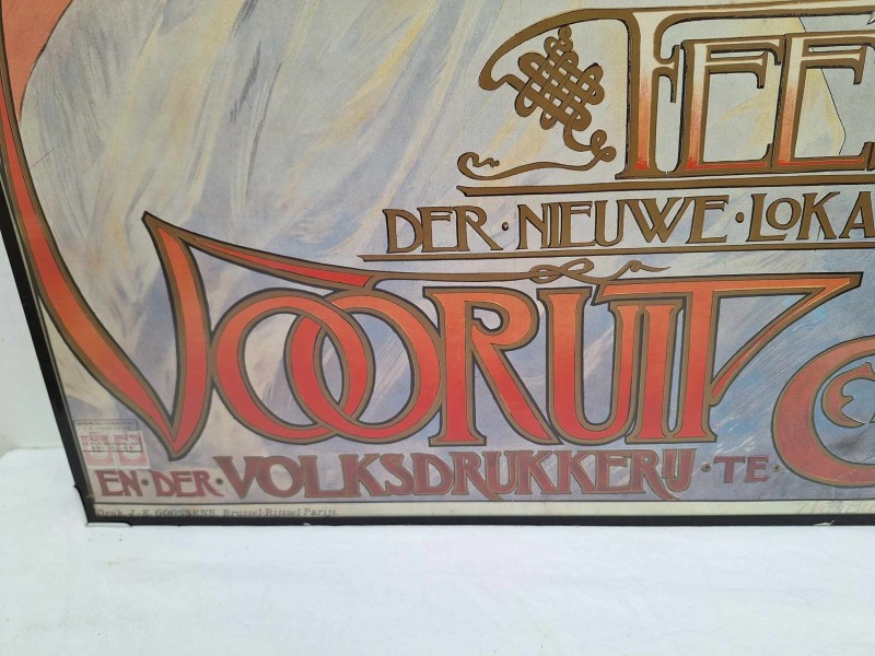 Ingekaderde poster van de inhuldigingsfeesten van de Vooruit in Gent in Art Nouveau stijl