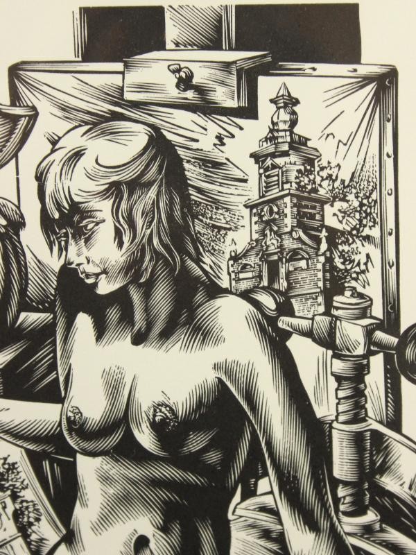 Houtgravure 'Naakte vrouw en zeemeermin' - Guido Mariman (1948)