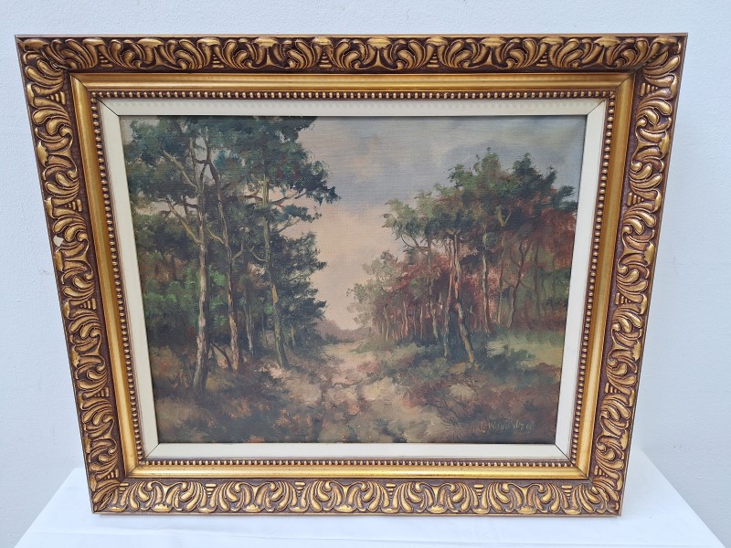 Schilderij van een bos dreef - L. Woudstra