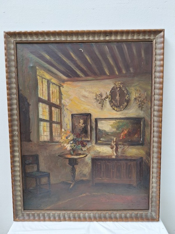 Olieverfschilderij van een antiek interieur met glas-in-lood raam - Julien Van De Veegaete - 1940