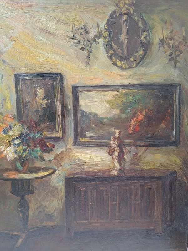 Olieverfschilderij van een antiek interieur met glas-in-lood raam - Julien Van De Veegaete - 1940