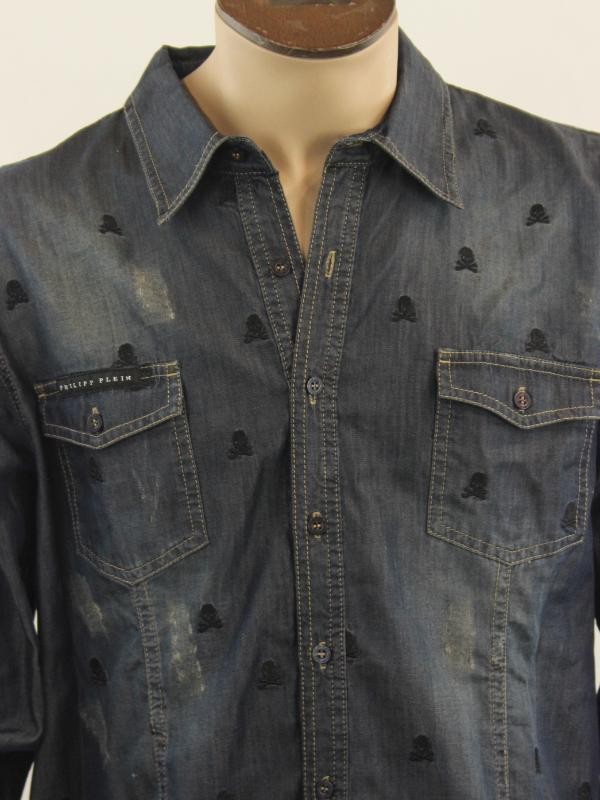 Marlon shirt with Skull Embroidery - Denim - gemerkt PHILIPPE PLEIN - NIEUW met labels