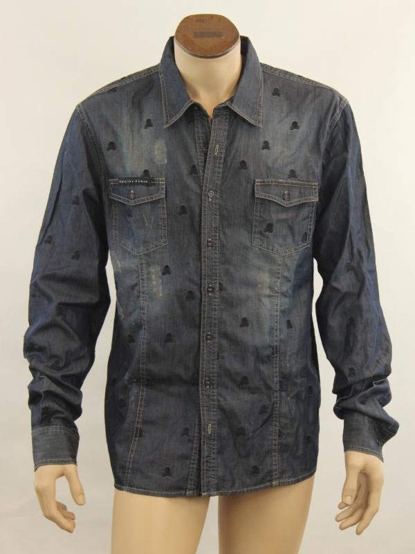 Marlon shirt with Skull Embroidery - Denim - gemerkt PHILIPPE PLEIN - NIEUW met labels