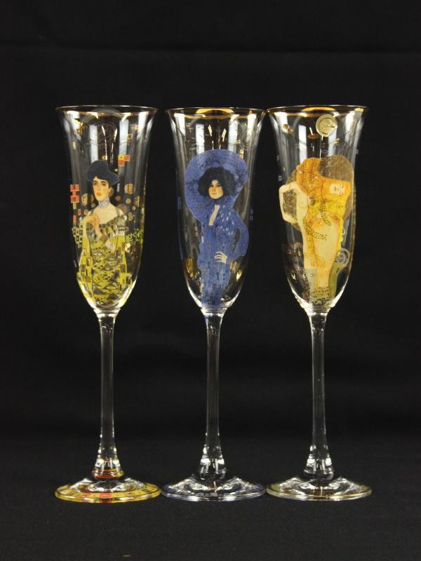 Goebel, 3 Champagneglazen met afbeeldingen van Gustav Klimt