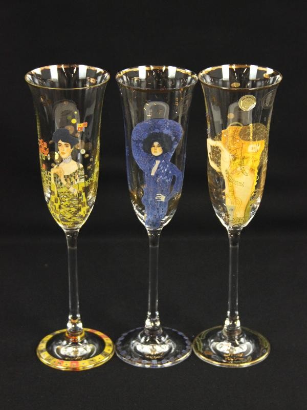 Goebel, 3 Champagneglazen met afbeeldingen van Gustav Klimt