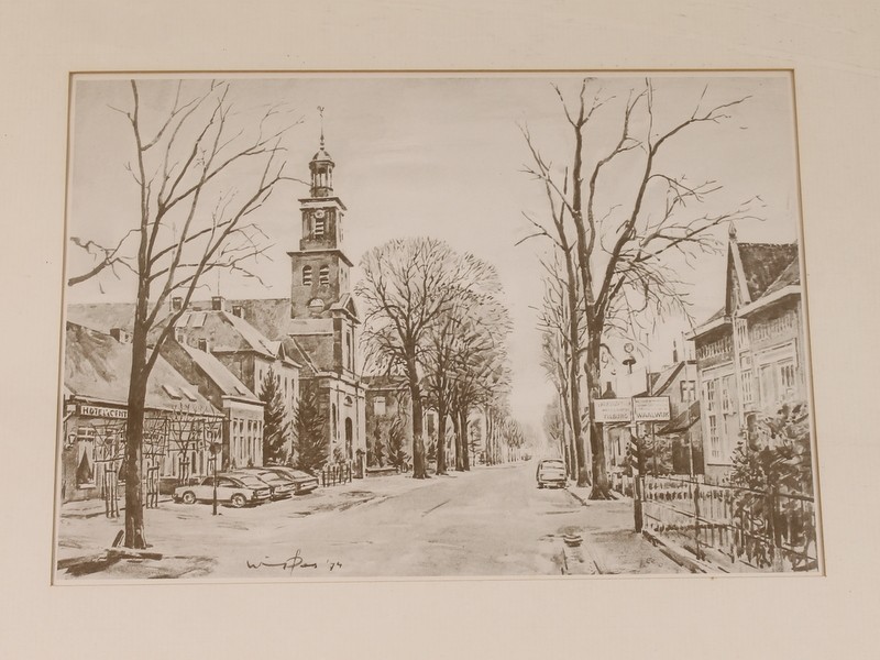 Vintage penseeltekening 'Dorpsgezicht Udenhout 1974' - Wim van der Plas