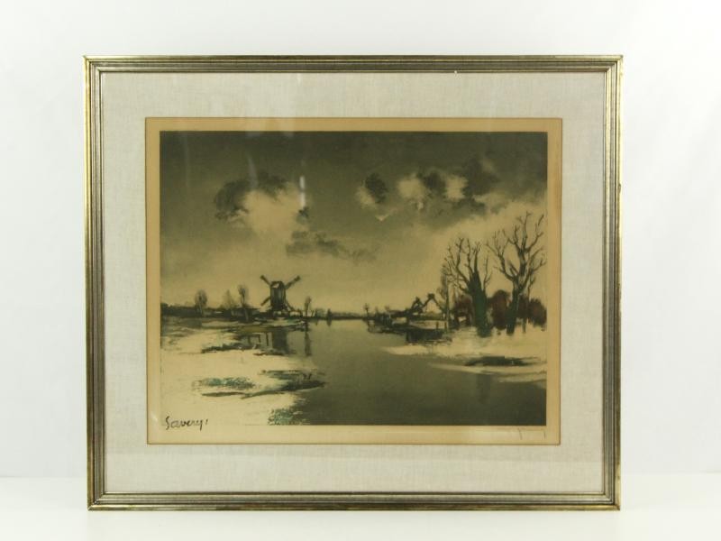 Grafiek met winters zicht op Leie - Roger Hebbelinck (1912-1987) naar Albert Saverys