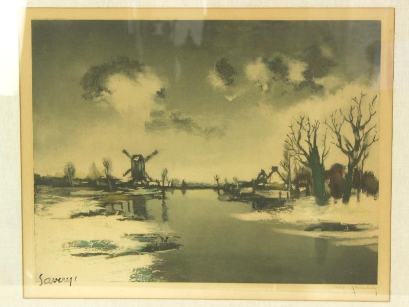 Grafiek met winters zicht op Leie - Roger Hebbelinck (1912-1987) naar Albert Saverys