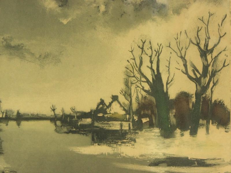 Grafiek met winters zicht op Leie - Roger Hebbelinck (1912-1987) naar Albert Saverys