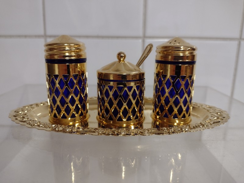 Vintage Magellan EP staal vergulde blauwe kobalt Cruet set