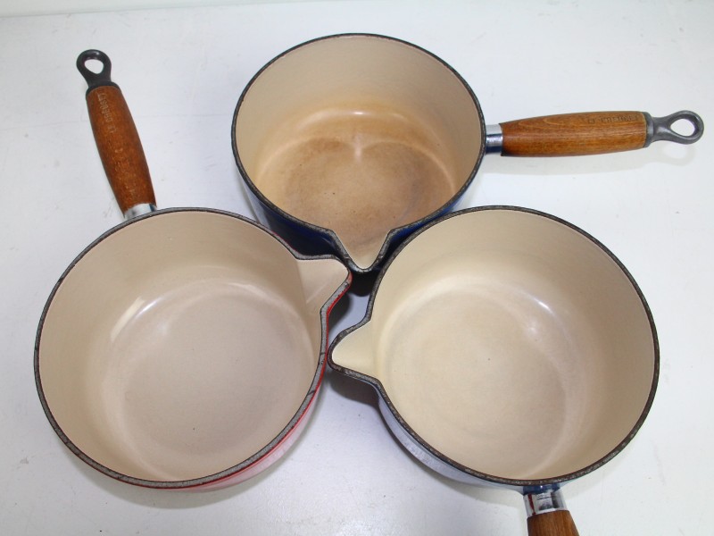 3 stuks Vintage Le Creuset Sauspan met houten steel - jaren '70