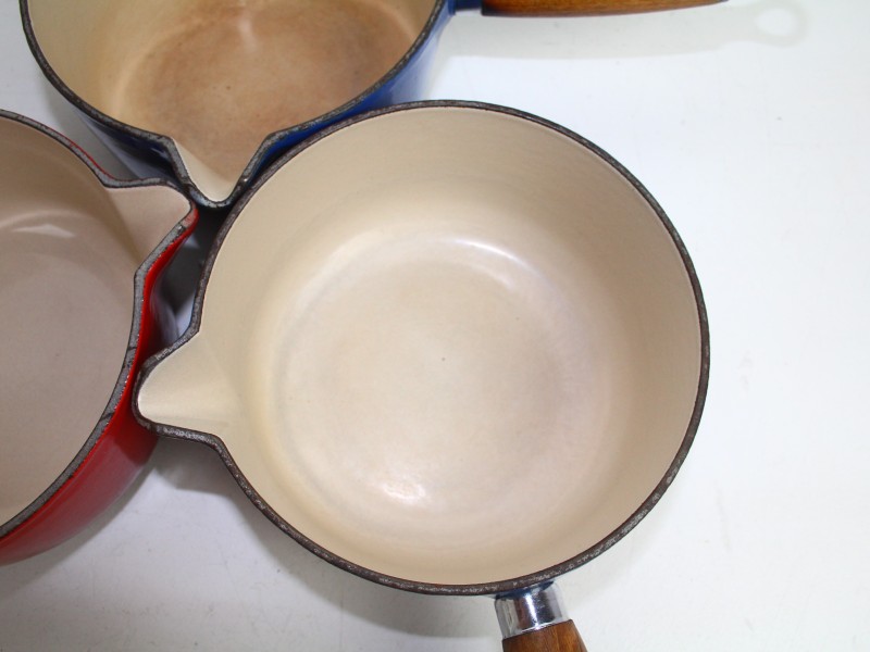 3 stuks Vintage Le Creuset Sauspan met houten steel - jaren '70