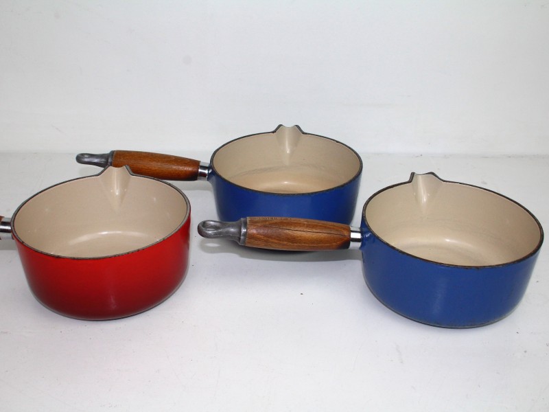 3 stuks Vintage Le Creuset Sauspan met houten steel - jaren '70