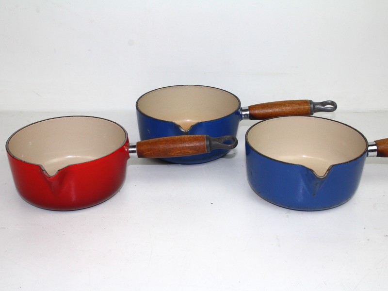 3 stuks Vintage Le Creuset Sauspan met houten steel - jaren '70