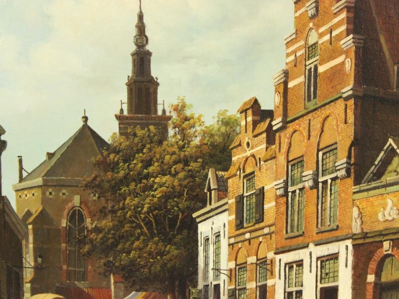 Olieverfschilderij met Hollands stadsgezicht - Jan Beekhout (°1937)