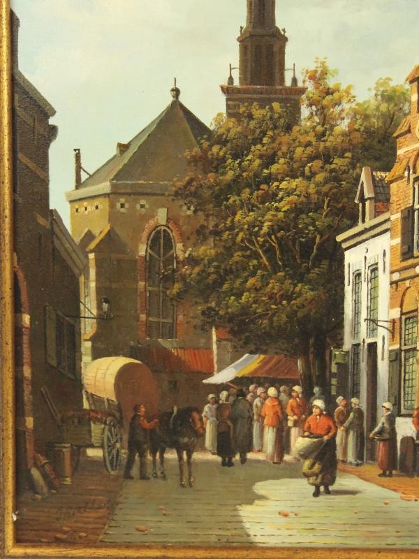 Olieverfschilderij met Hollands stadsgezicht - Jan Beekhout (°1937)