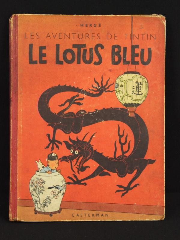 Le lotus bleu  eerste druk hertekende kleuren editie december 1946 + 3 miniatuurauto's Kuifje-editions atlas Moulinsart