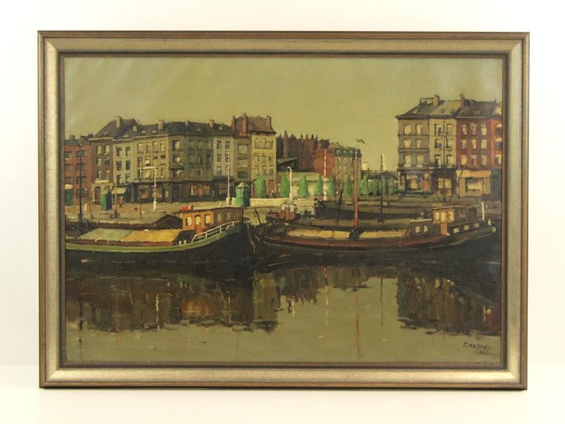 Groot olieverfschilderij 'Antwerps Eilandje' - Remi Van Sluys (1907-1994)