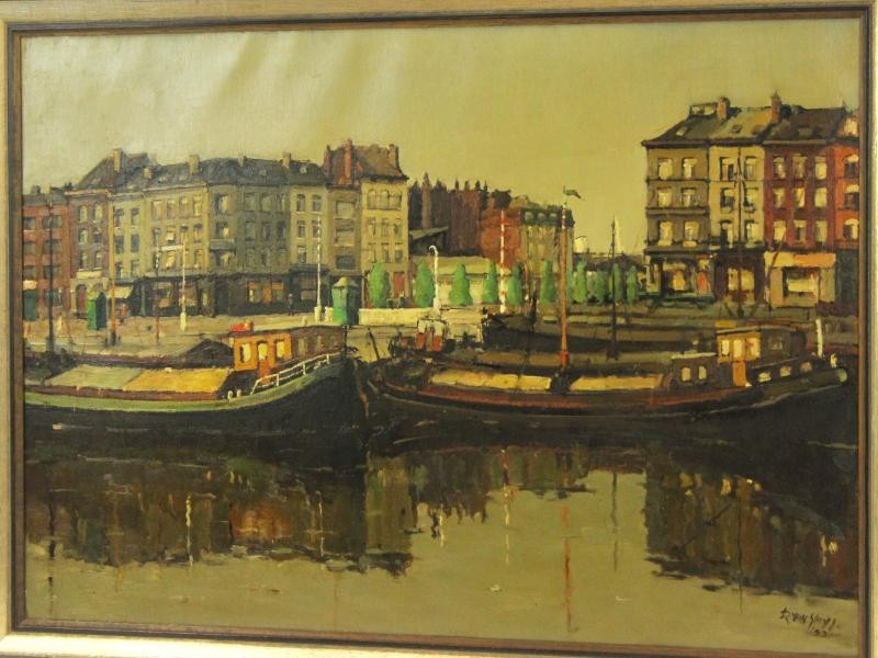 Groot olieverfschilderij 'Antwerps Eilandje' - Remi Van Sluys (1907-1994)