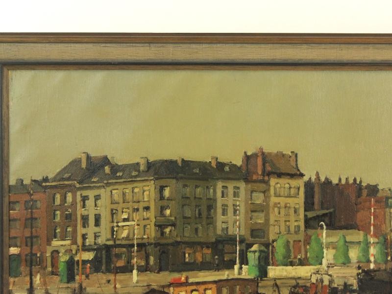 Groot olieverfschilderij 'Antwerps Eilandje' - Remi Van Sluys (1907-1994)